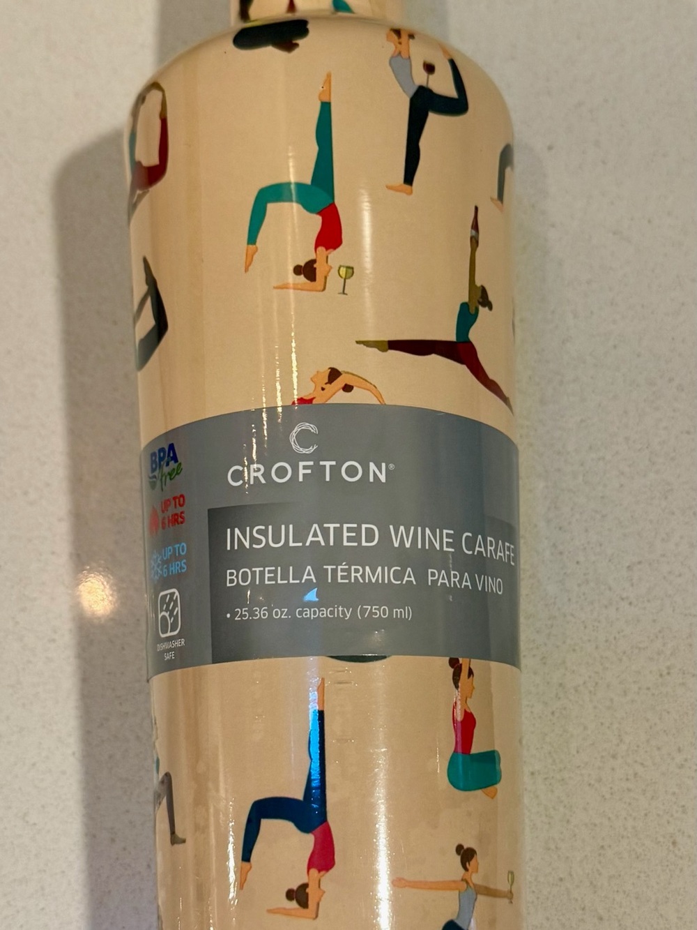 Crofton Cream Insulated Wine Carafe with Colorful Yoga Figures NWT